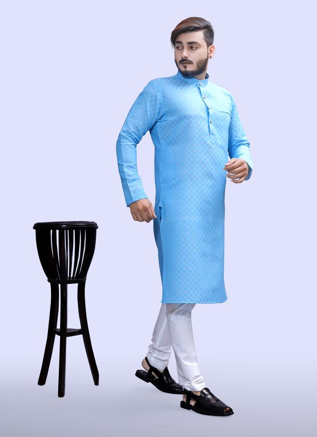 Tibra Collection Men Kurta - Sky | Block Pattern | Cotton Blend | M