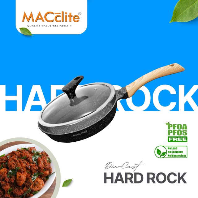 Macclite Non-Stick PDC Granite+ Induction Base Hard Rock Deep Frying Pan 24 cm With Glass lid