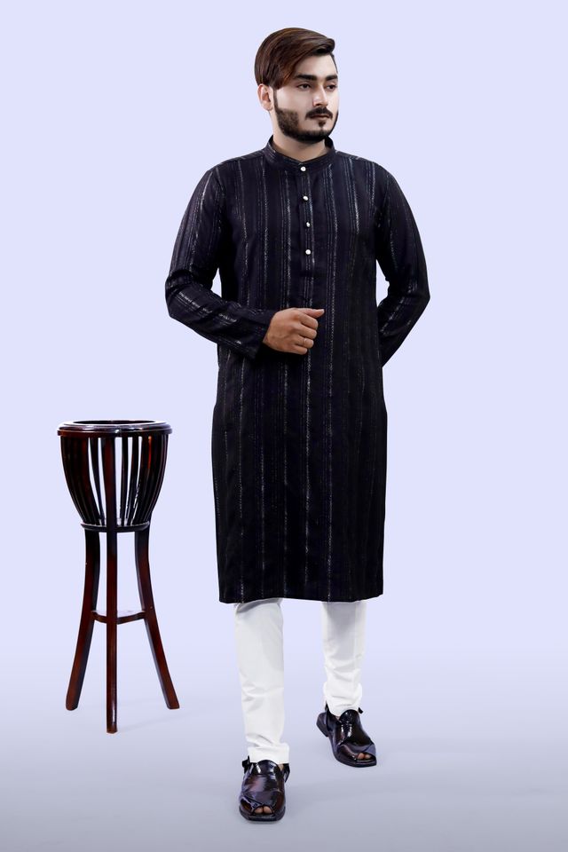 Tibra Collection Men Kurta - Black | Solid | Thin Striped | Cotton Blend | XL