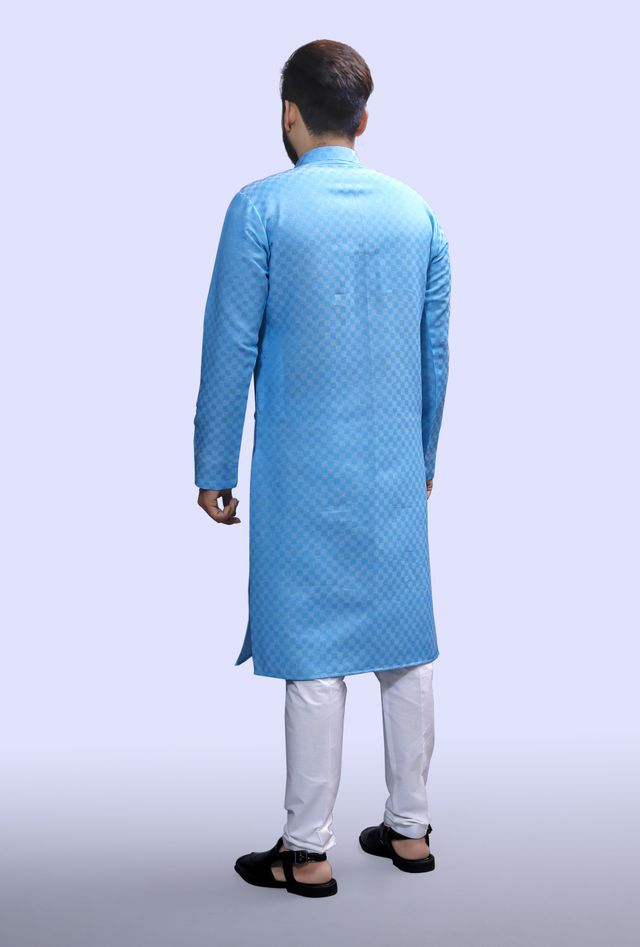 Tibra Collection Men Kurta - Sky | Block Pattern | Cotton Blend | M