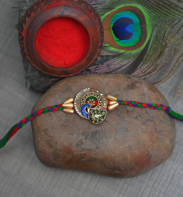 Aurum Peacock Rakhi With Decorative Meenakari
