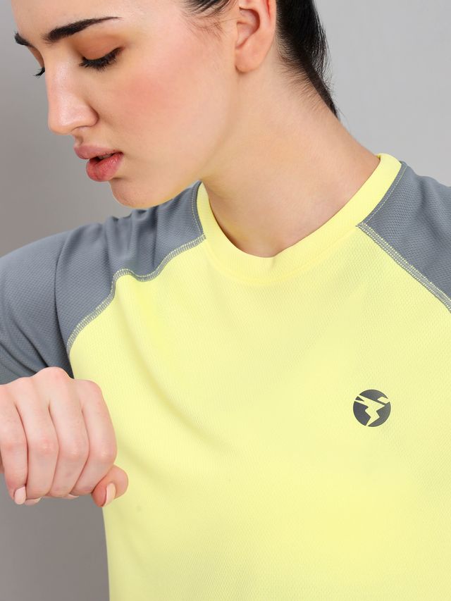 Technosport Women Colorblock Slim Fit Round Neck Sports T-shirt with Technocool - Wax Yellow XXL