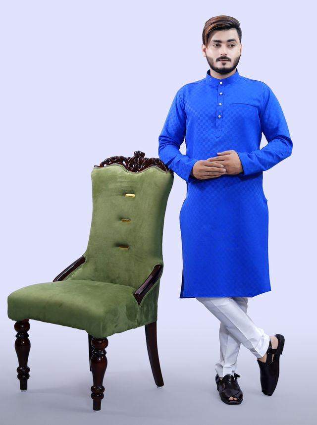 Tibra Collection Men Kurta - Blue | Block Pattern | Cotton Blend | S
