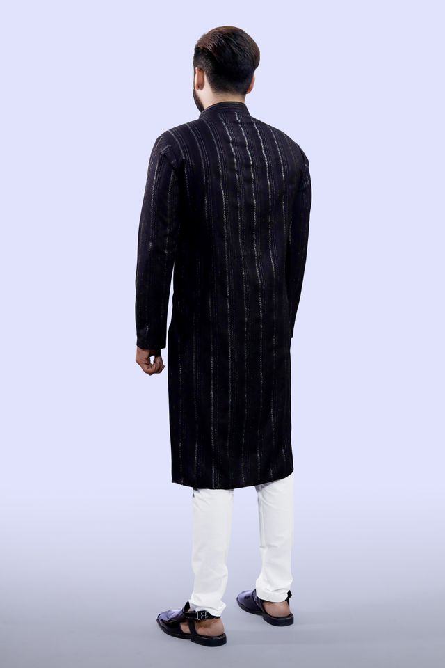 Tibra Collection Men Kurta - Black | Solid | Thin Striped | Cotton Blend | XL