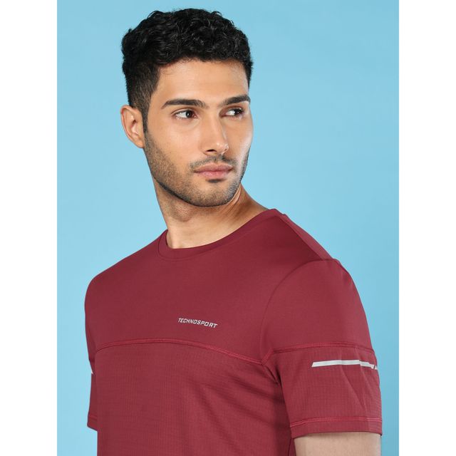 Technosport Men's Poly Solid Slim Fit Round Neck Sports T-shirt | Berry Red - 2XL