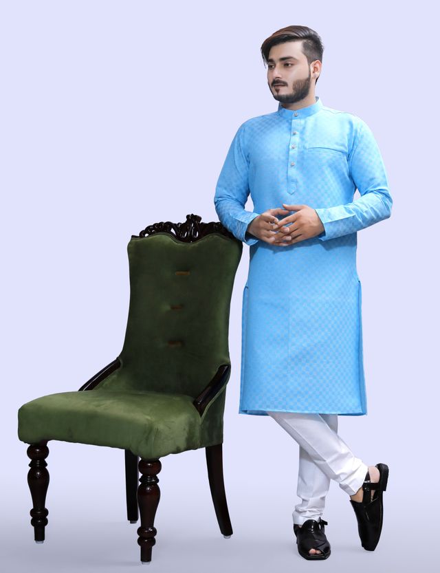 Tibra Collection Men Kurta - Sky | Block Pattern | Cotton Blend | M