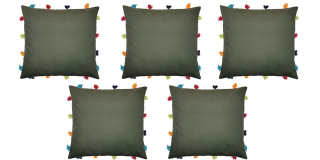 Lushomes Cushion Cover - Olive Green | 14 x 14 inch | Pom Pom