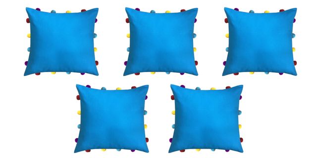 Lushomes Cushion Cover with Pom Pom - Blue | 14 x 14 inch