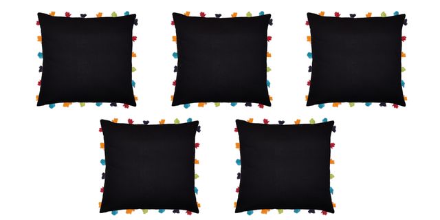 Lushomes Boho Cushion Cover - Black | Tassels & Pom Pom | 18 x 18 inch