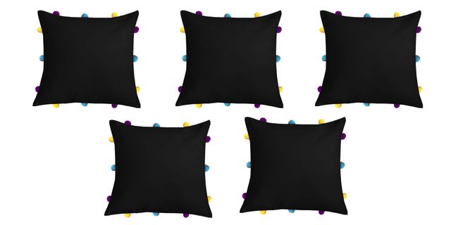 Lushomes Cushion Cover with Pom Pom - Black | 12 x 12 inch
