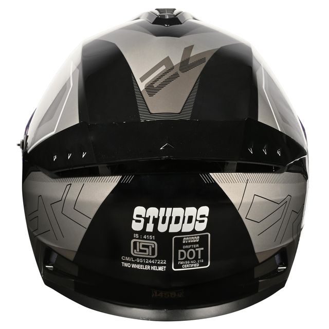 Studds Drifter Rebellion ISI-DOT Certified Full Face Helmet | Dual Visor & Spoiler |Black Grey - XL
