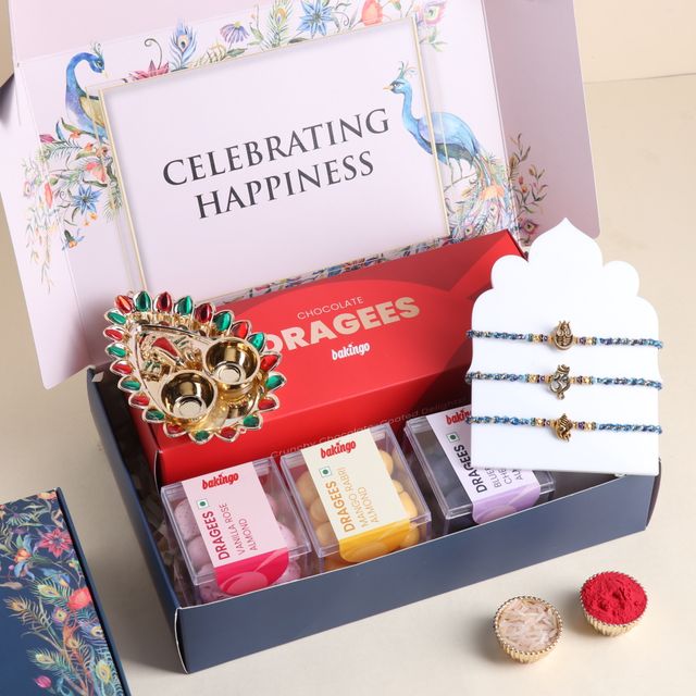 FlowerAura Rakhi Joy Dragees, Rakhi Set, and Om Thal - Complete Celebration