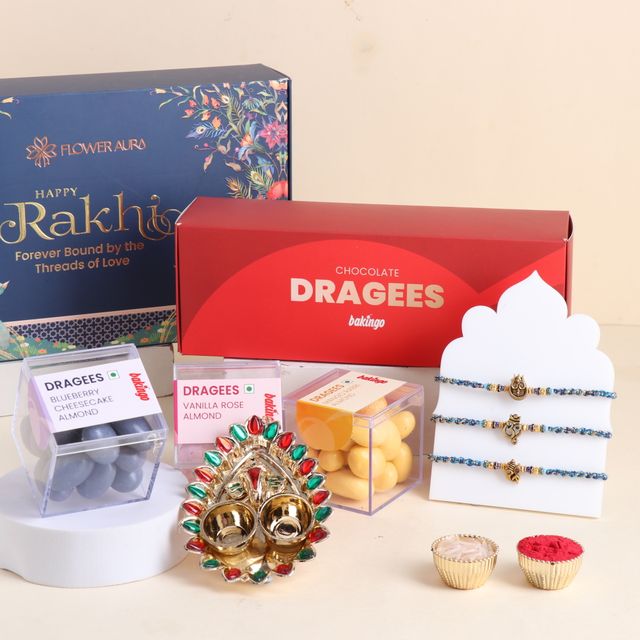 FlowerAura Rakhi Joy Dragees, Rakhi Set, and Om Thal - Complete Celebration