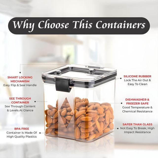 Youbee Plastic Lock Square Containers For Kitchen Storage, Food & Multipurpose 700 Ml Set Of 2