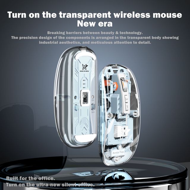 Arctic Fox Pureview Transparent Wireless And Bluetooth Rechargeable Mouse, Usb Receiver Frost White