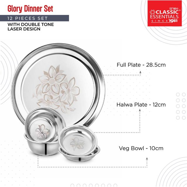 Classic Essentials Stainless Steel With Permanent Lazer Design Glory Dinner Set Pack of 12