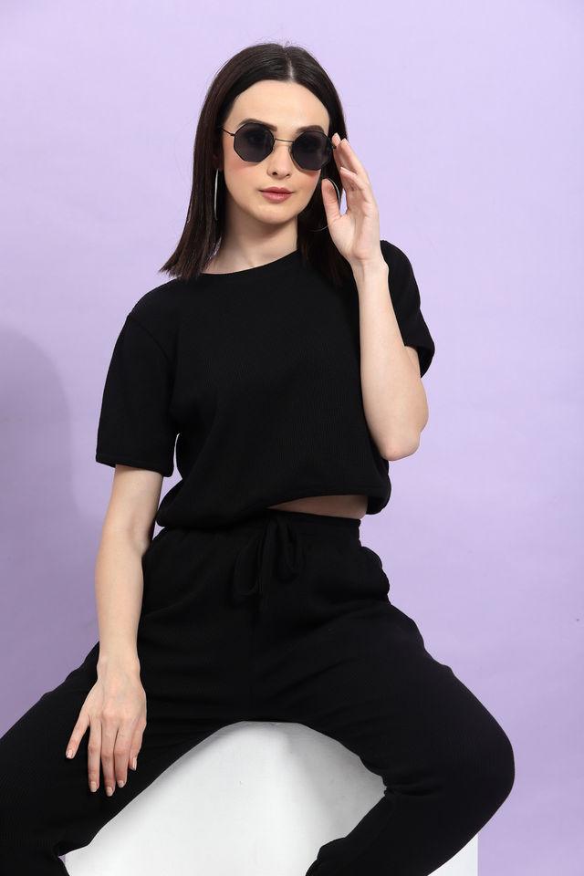 Rigo Women Waffle Knit Co-ord Set | Black - L