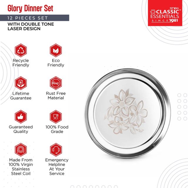 Classic Essentials Stainless Steel With Permanent Lazer Design Glory Dinner Set Pack of 12
