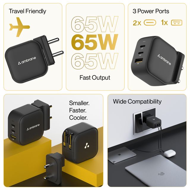 Ambrane 65W Charger Adapter, 3 Ports - 2 Type C & 1 Usb (Raap G65, Black)