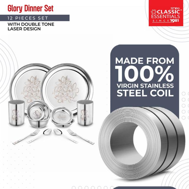 Classic Essentials Stainless Steel With Permanent Lazer Design Glory Dinner Set Pack of 12