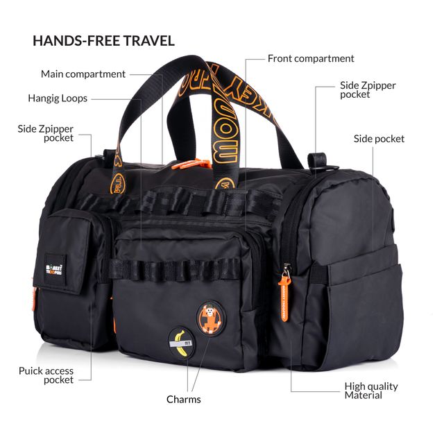 MONKEY TROOPERS Spidey Duffle - 30 L | Water-Resistant | Quick-Access Pockets - Black