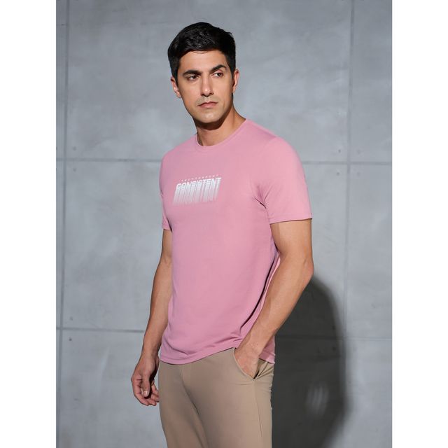 Technosport Men's Poly Printed Slim Fit Round Neck Sports T-shirt | Dusty Rose - S