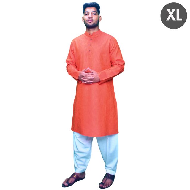 EQL Men's Cotton Linen Button Placket Long Kurta for Men | Red - XL