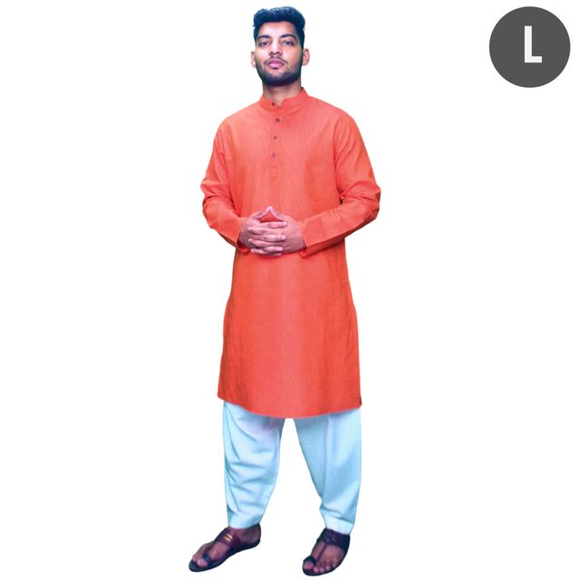EQL Men's Cotton Linen Button Placket Long Kurta for Men | Red - L
