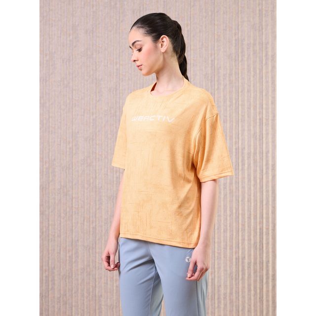 Technosport Women's Jacquard Boxy Fit Round Neck Sports T-shirt with DOUBLE COOL - Pumpkin XL