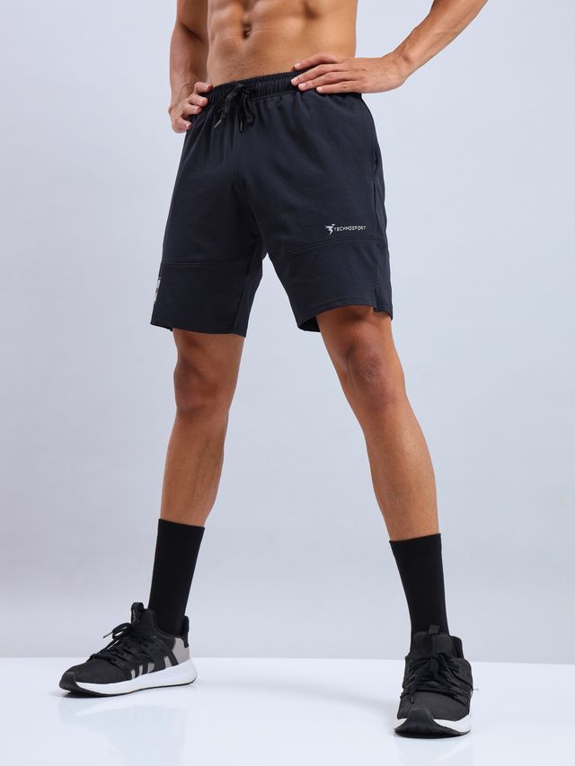 Technosport Men Poly Solid Relax Fit Sports Shorts with ELASTO LITE | Black | M