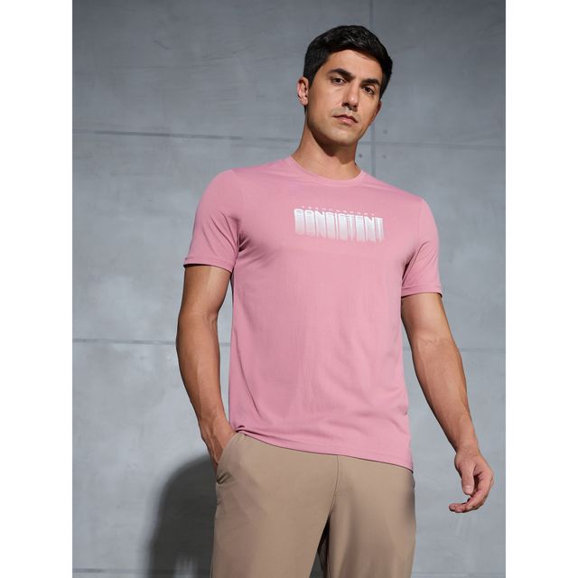 Technosport Men's Poly Printed Slim Fit Round Neck Sports T-shirt | Dusty Rose - S
