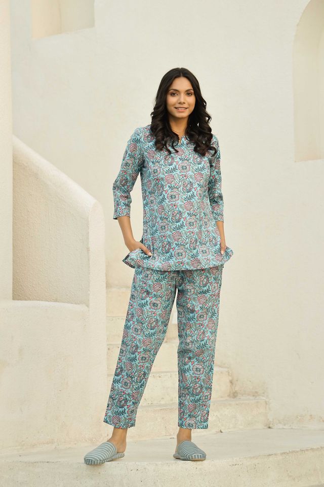 Sanskrutihomes Women's Printed Pure Cotton Night Suit | Turquoise Blue - L