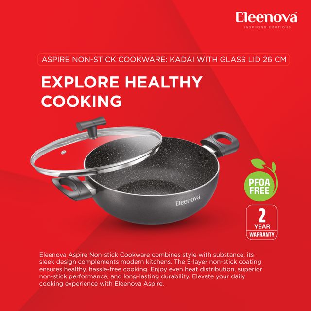 Eleenova Aspire Non | Stick Cookware | Kadai With Glass Lid 26 Cm