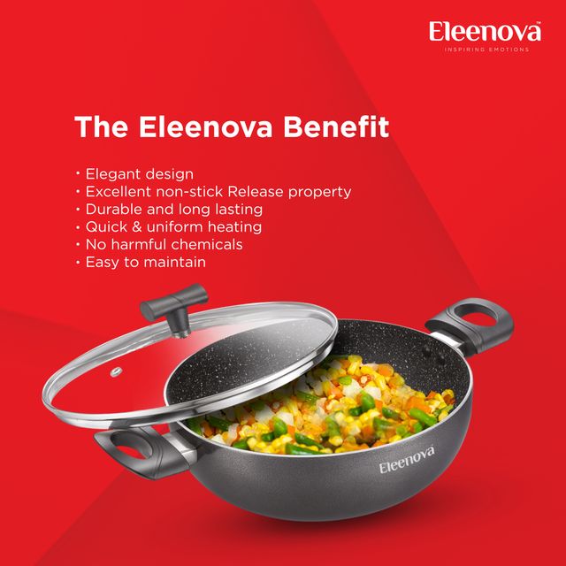 Eleenova Aspire Non | Stick Cookware | Kadai With Glass Lid 26 Cm