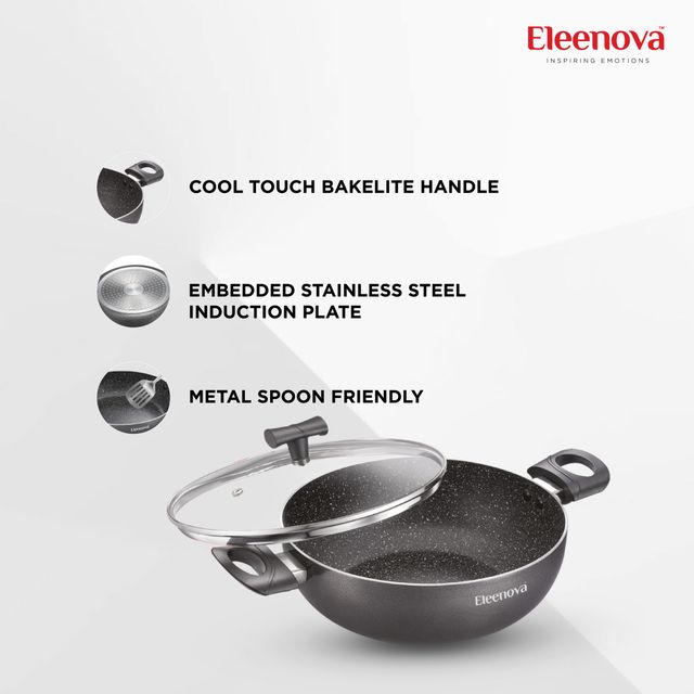 Eleenova Aspire Non | Stick Cookware | Kadai With Glass Lid 26 Cm