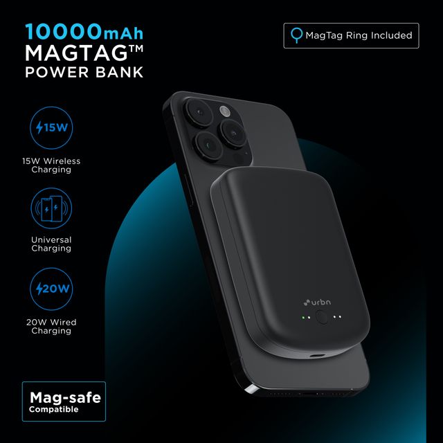 URBN 10000 mAh Magsafe Power Bank | 15W Fast Wireless Charging|Type C Input/Output (Black)