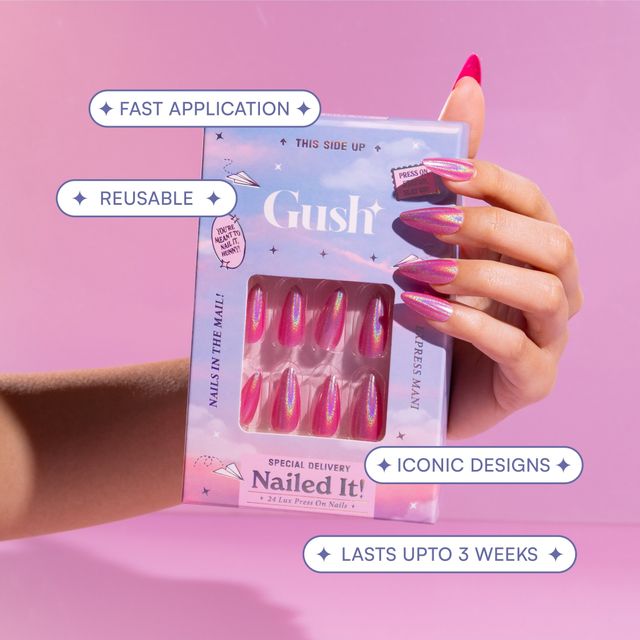 Gush Beauty Nailed It | Reusable Luxury Press On Nails | Medium Almond | Pink Ombre | Nude & White