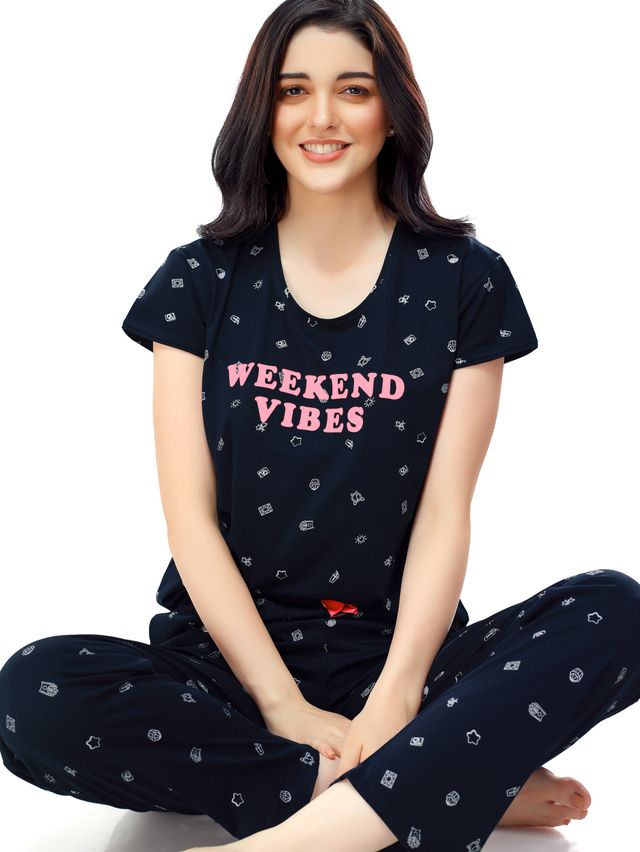 Zeyo Women's Cotton Printed Navy Blue Night Suit Set of Top & Pyjama | 5304-M