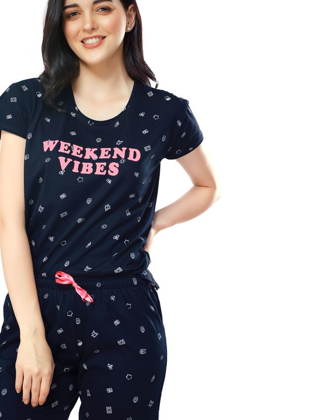 Zeyo Women's Cotton Printed Navy Blue Night Suit Set of Top & Pyjama | 5304-M