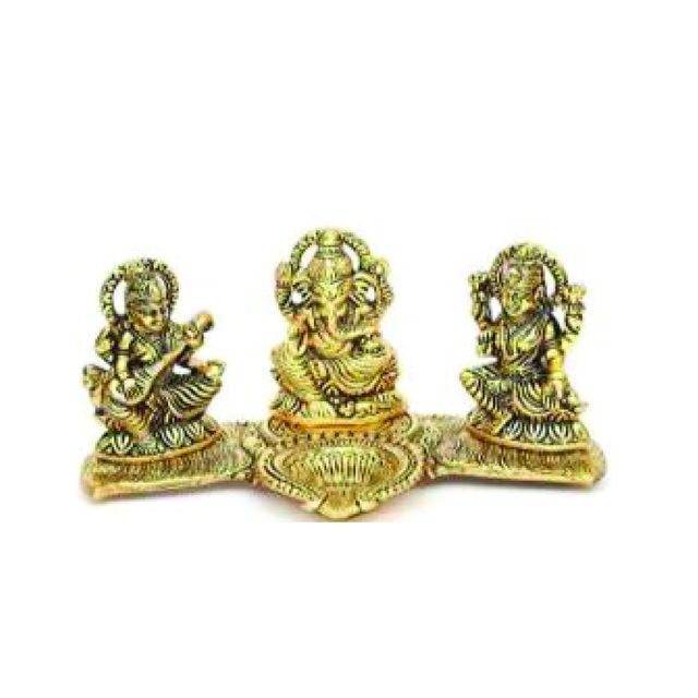 Devnidhii Diya Laxmi, Ganesh, Saraswati on Banana Leaves in Gold Polish