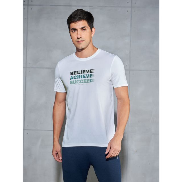 Technosport Men's Poly Printed Slim Fit Round Neck Sports T-shirt | White - M