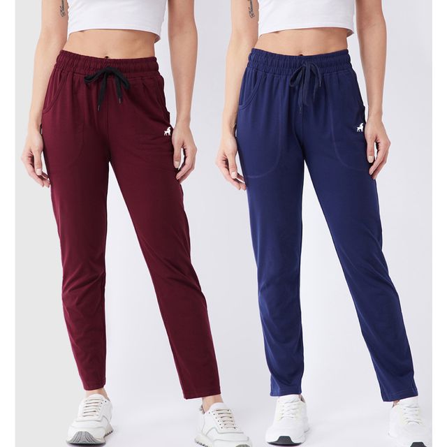 Modeve Women's Cotton Blend Solid Track Pant for Summer | Navy and Wine | XL