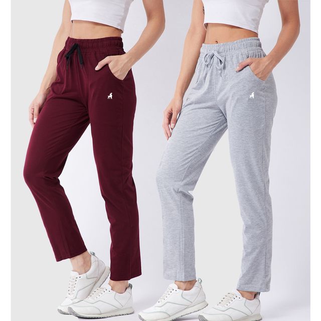 Modeve Women's Cotton Blend Solid Track Pant for Summer | Light Grey and Wine | XL