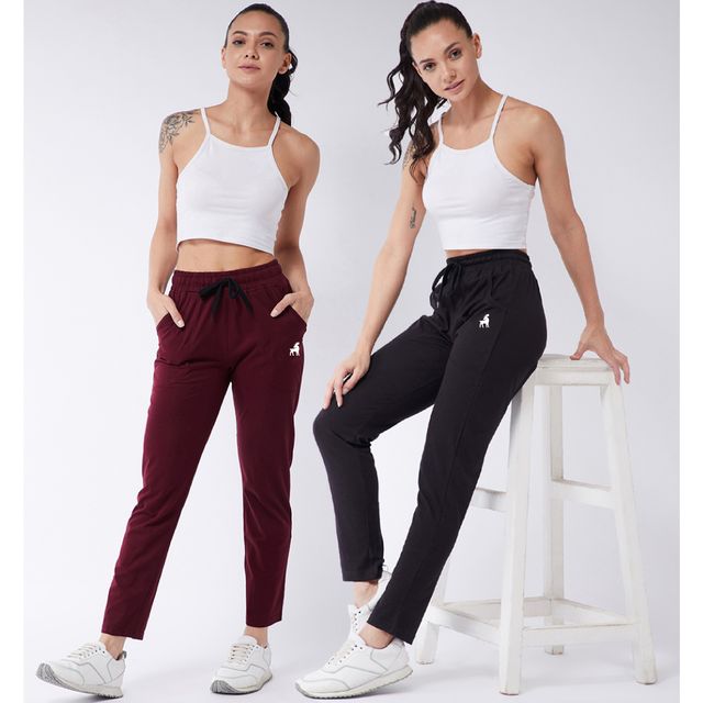Modeve Women's Cotton Blend Solid Track Pant for Summer | Black and Wine | M