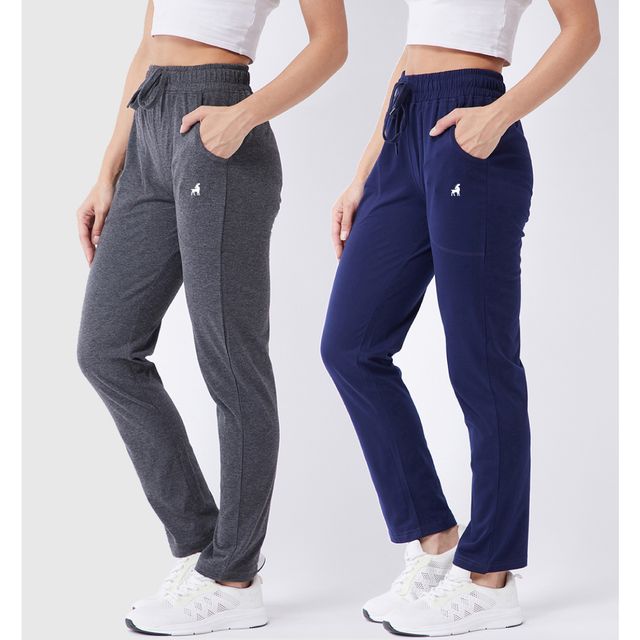 Modeve Women's Cotton Blend Solid Track Pant for Summer | Grey and Navy | 2XL
