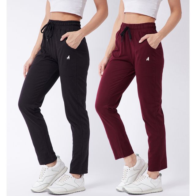 Modeve Women's Cotton Blend Solid Track Pant for Summer | Black and Wine | M