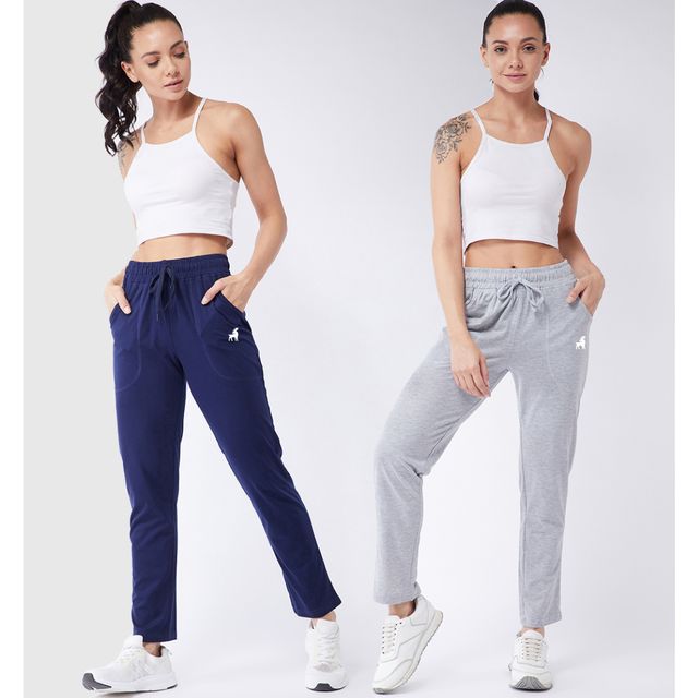 Modeve Women's Cotton Blend Solid Track Pant for Summer | Navy and Light Grey | M