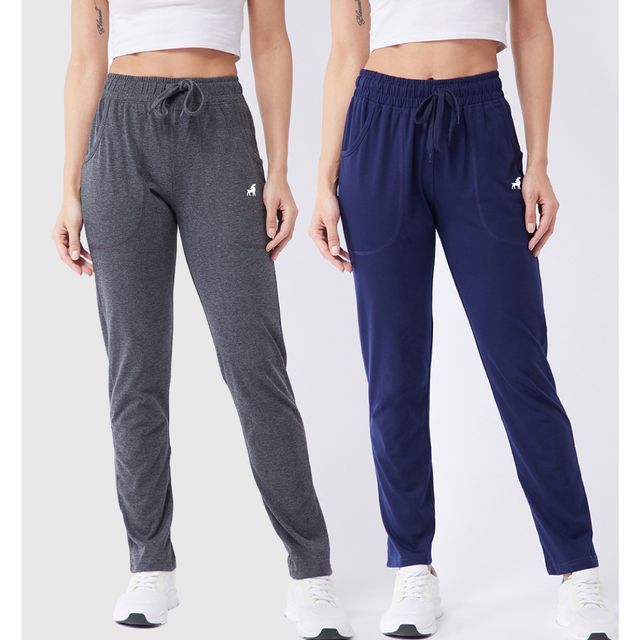 Modeve Women's Cotton Blend Solid Track Pant for Summer | Grey and Navy | 2XL