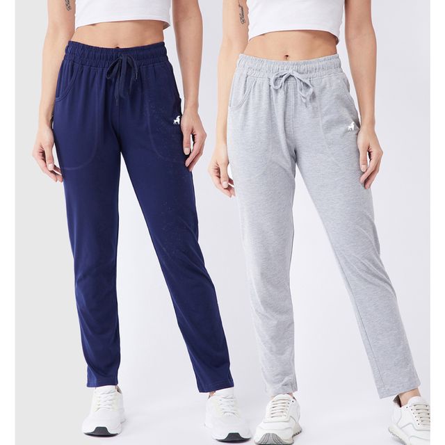Modeve Women's Cotton Blend Solid Track Pant for Summer | Navy and Light Grey | M
