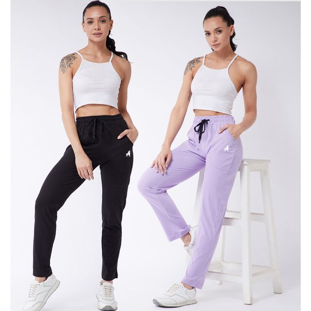 Modeve Women's Cotton Blend Solid Track Pant for Summer | Black and Lavender | XL